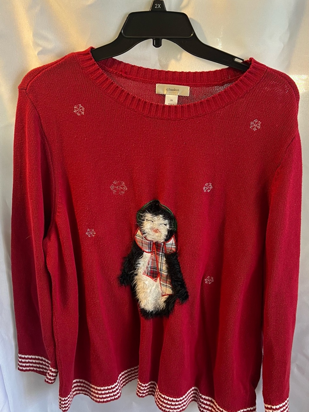 CJ Banks Red Crewneck Sweater with Penguin Appliqué